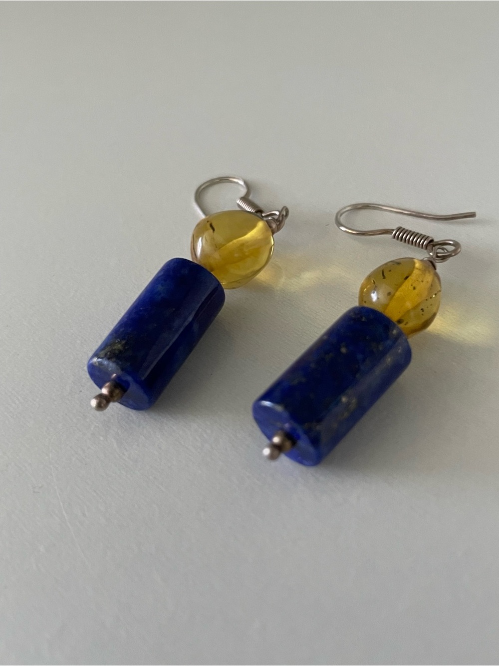 Real amber and lapiz lazuli sterling silver earrings